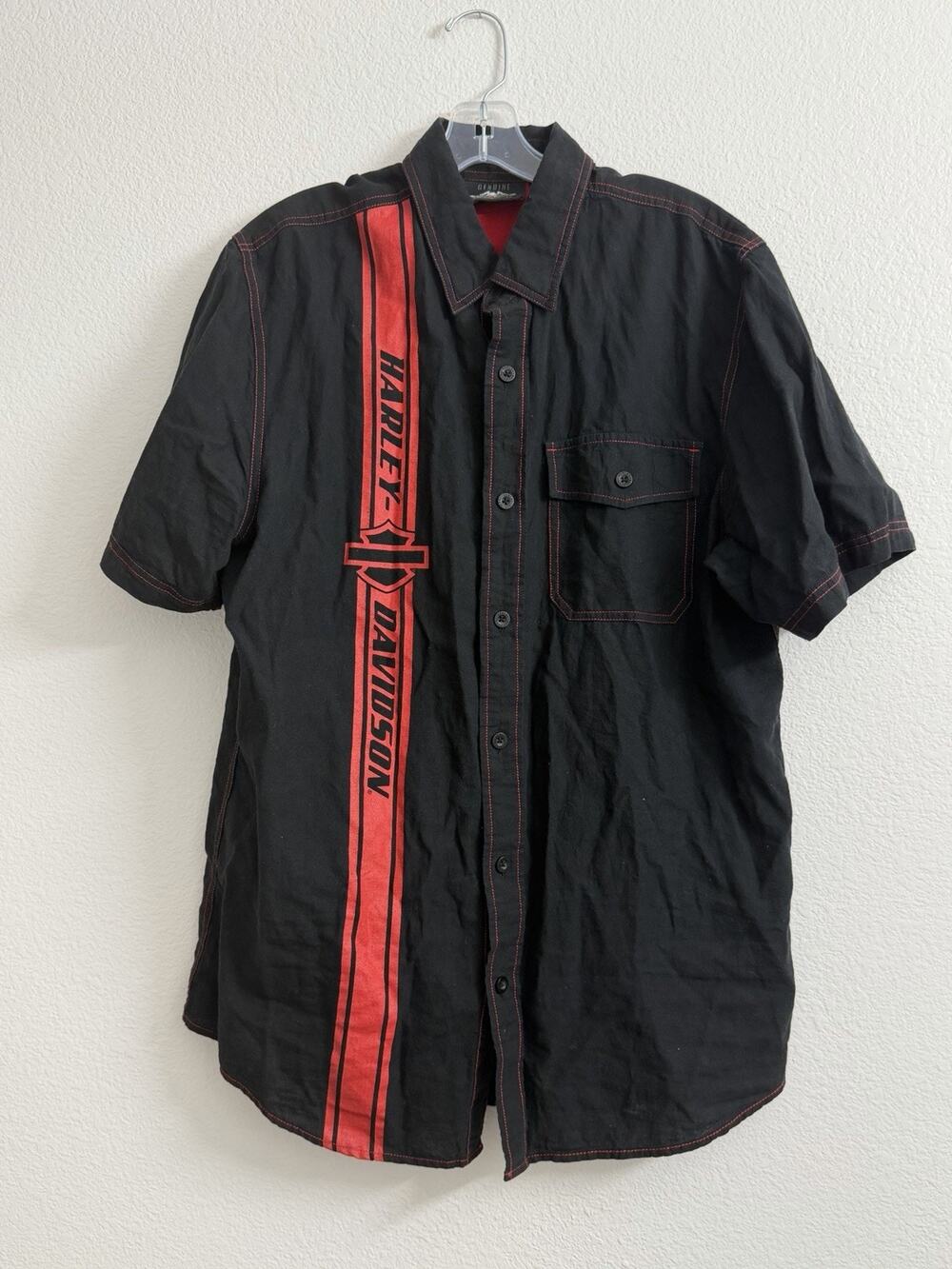Harley Davidson Shirt Mens L Black Red Vertical Stripe Button Up